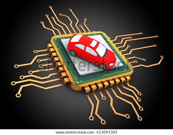 3d illustration of golden computer processor\
over black background with car\

