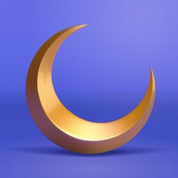 3d Illustration Of Golden Crescent Moon. Element Isolated On Blue Background, Suitable For Islam Religion, Magic Or Night Time.
