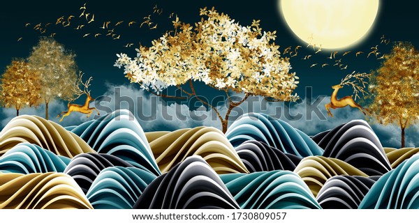 3d illustration of golden deer in the mountain. Luxurious abstract art digital painting for wallpaper.