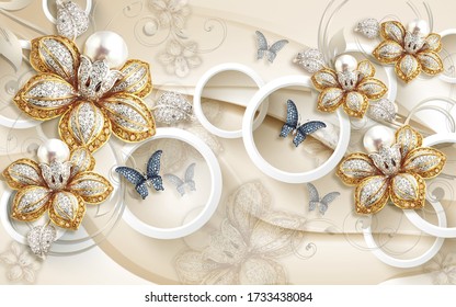 3d illustration golden flowers with diamond butterflies  and Circles wallpaper