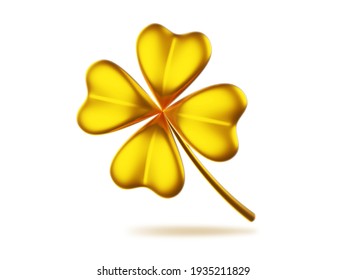 3d Illustration Of Golden Four Leaf Clover On White Background. Saint Patricks Day Design For Greeting Card, Banner, Poster