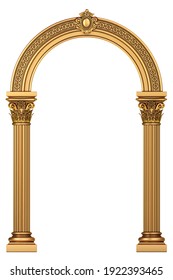 3d illustration. Golden luxury marble classic arch with columns. The portal in Baroque style. The entrance to the fairy Palace