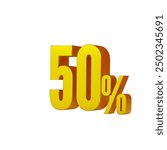 3d illustration of golden number 50 percent or 50% isolated on white background. 3d render.