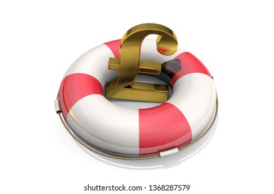 3d Illustration: Golden Symbol Of The Pound Sterling On A Lifebuoy,  Isolated On White Background. Support For The UK Economy. Financial Injection. British Currency. Business Concept.
