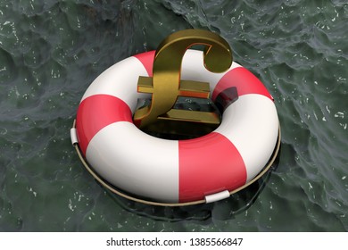 3d Illustration: Golden Symbol Of The Pound Sterling On A Lifebuoy On The Background Of Muddy Water. Support For The UK Economy. Financial Injection. British Currency. Business Concept.
