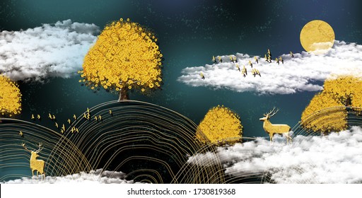 3d Illustration Of Golden Tree And Clouds. Luxurious Abstract Art Digital Painting For Wallpaper