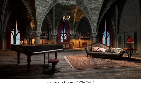 3D Illustration Of A Gothic Arched Room With Small Grand Piano And A Sofa In A Castle Or Palace Interior.