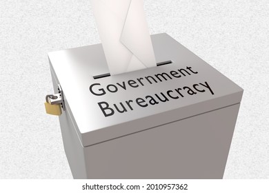 3d Illustration Of Government Bureaucracy Title On Ballot Box, Isolated Over Pale Gray Pattern.