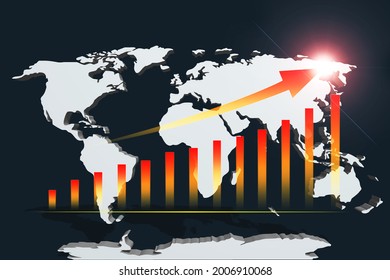 3d illustration gradient red bar graph chart and arrow line direction point up with flare lighting on world map and dark blue background
