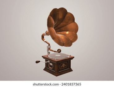 Ilustración 3D del gramófono sobre fondo gris.Gramófono vintage.