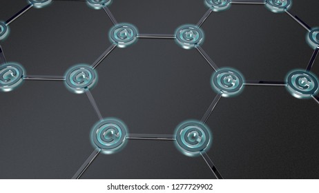 3D Illustration Of A Graphene Film, The Formula Of The Nanostructures, Atoms And Symbols Of Carbon. Futuristic 3D Background, Scientific Idea Over The Material. 3D Rendering