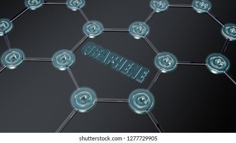 3D Illustration Of A Graphene Film, The Formula Of The Nanostructures, Atoms And Symbols Of Carbon. Futuristic 3D Background, Scientific Idea Over The Material. 3D Rendering