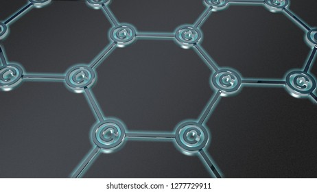 3D Illustration Of A Graphene Film, The Formula Of The Nanostructures, Atoms And Symbols Of Carbon. Futuristic 3D Background, Scientific Idea Over The Material. 3D Rendering