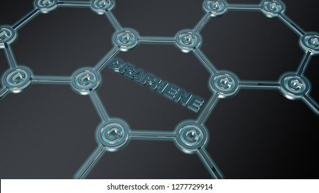 3D Illustration Of A Graphene Film, The Formula Of The Nanostructures, Atoms And Symbols Of Carbon. Futuristic 3D Background, Scientific Idea Over The Material. 3D Rendering