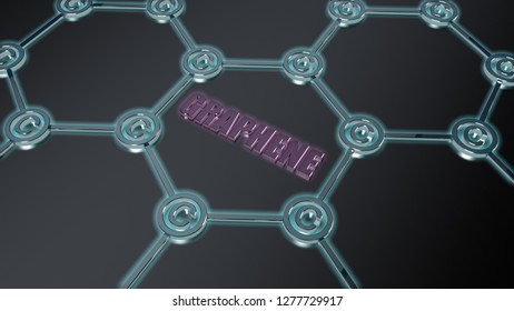 3D Illustration Of A Graphene Film, The Formula Of The Nanostructures, Atoms And Symbols Of Carbon. Futuristic 3D Background, Scientific Idea Over The Material. 3D Rendering