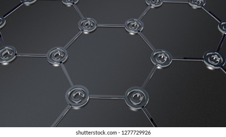 3D Illustration Of A Graphene Film, The Formula Of The Nanostructures, Atoms And Symbols Of Carbon. Futuristic 3D Background, Scientific Idea Over The Material. 3D Rendering