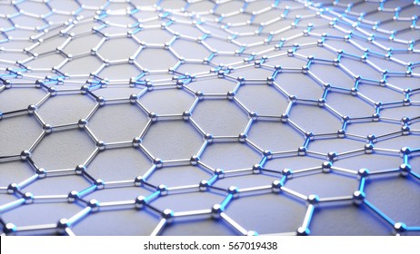 3d illustration of graphene molecular grid. Atoms connected in the hexagonal crystal lattice. A concept of carbon structure.