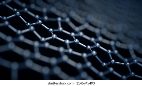 3D illustration of graphene molecules. The crystal lattice grid