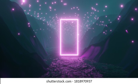 3D Illustration Graphic Of Foggy Riverside And Mountain Landscape, With A Magical Pink Environment And Neon Effect Rectangle Floating Over The River.