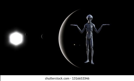 3d illustration of a gray alien in space with hands up in a whatever gesture with a sun moon and silhouette of a planet in the background.