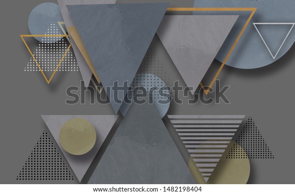 3d wall mural ideas illustration. Grey background, triangles and circles of different textures and colors.
