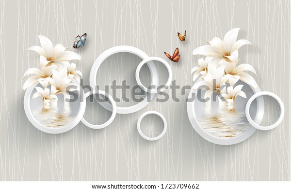 3d illustration, grey background, white rings, beige lilies are reflected in the water, three butterflies fly