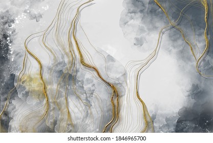 3d Illustration, Gray Marble With Gold Veins