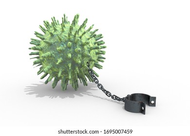 3d Illustration: Green Ball Cell Of Covid 19 And Metal Rusty Chain With A Open Cuff On White Background. Coronavirus. Restrictions And Limits. Loss Of Freedom. Economic Crisis. 