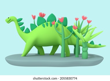 3d Illustration. The Green Dinosaur Walks Among The Prehistoric Vegetation. Funny Cute Character