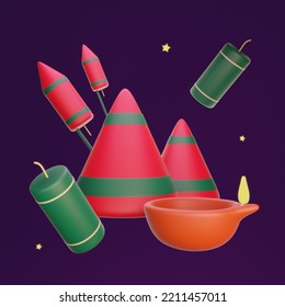 3d Illustration Of Green And Red Fire Cracker Bombs Or Pataka Rocket Fireworks With Diya Or Diwali Oil Lamp On Dark Purple Isolated Background, Happy Deepawali, Indian Hindu Festival Of Light