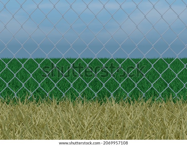 3D illustration of greener grass on the other\
side of a chain link fence with a partially cloudy blue sky in the\
background.