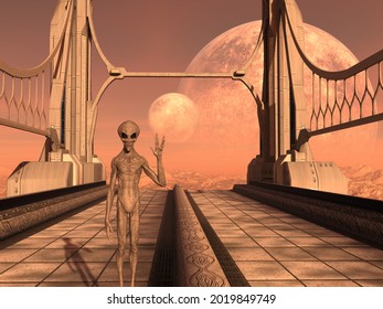 3d illustration of a grey alien gesturing with fingers apart and smiling on a bridge to nowhere on an extraterrestrial world.