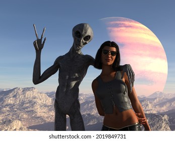 3d Illustration Of A Grey Alien Having An Arm Over The Shoulders Of A Human Woman While Giving A Peace Sign On An Extraterrestrial World.