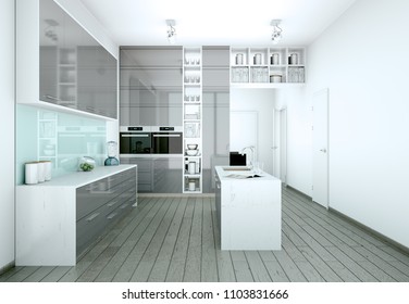 3d Illustration of grey modern kitchen in a house with a beautiful design