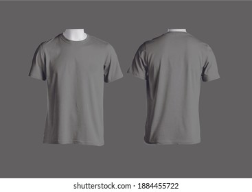 3D Illustration Grey T-shirt Mock Up, Front And Back View, Isolated. Plain Gray Shirt Mockup. Tshirt Design Template. Blank T-shirt For Free Design