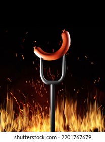 3D Illustration Of Grill Or Barbecue Cookout Concept. Bangers Sausage On Fork Over The Fire On Black Background