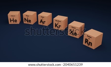 3D Illustration of Group 8 Elements from Periodic Table along with their Atomic Number and Atomic Mass,