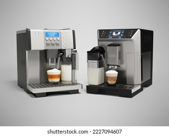 3d illustration group of coffee machine with cappuccino maker for different coffee drinks front view on gray background with shadow