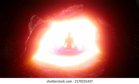 3d Illustration Of A Guru In A Meditative Pose Sitting On A Lotus In A Cave Flooded With Light