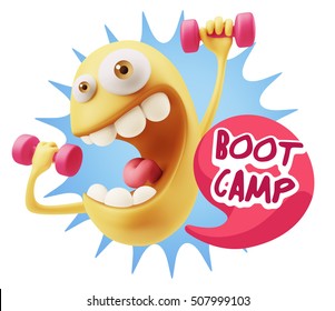 3d Illustration GYM Fitness Character Emoticon Expression
Saying Bootcamp With Colorful Speech Bubble.