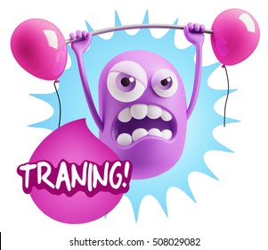 3d Illustration GYM Fitness Character Emoticon Expressionsaying Training with Colorful Speech Bubble.