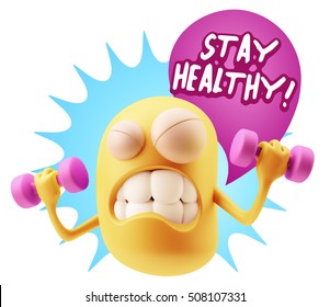 3d Illustration GYM Fitness Character Emoticon Expression
Saying Stay Healthy With Colorful Speech Bubble.