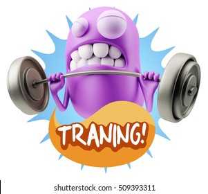 3d Illustration GYM Fitness Character Emoticon Expressionsaying Training with Colorful Speech Bubble.