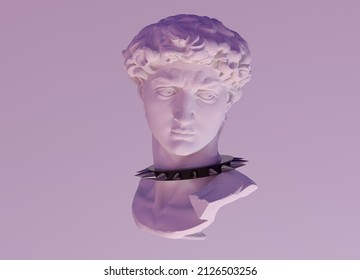 3D Illustration Of A Gypsum Statue Wearing Collar With Spikes. Surreal Pop Art Style Image.