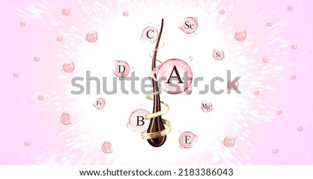 3d illustration of a hair with a golden liquid around. Strengthening hair with vitamins. Hair with air bubbles and vitamin bubbles around. A banner for advertising hair vitamins. 3D Illustration Foto stock © 