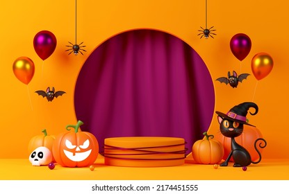 3d Illustration Of Halloween Podium With Jack O Lantern, Spooky Spider And Cute Bat