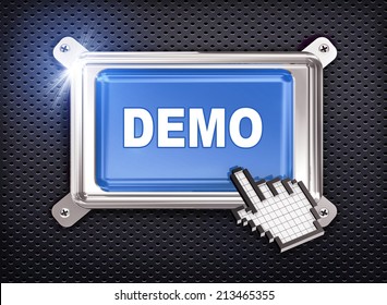 3d illustration of hand cursor pointer and chrome button presentation of concept of demo