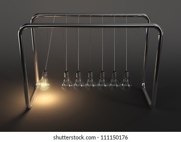 3d illustration of hanging light bulbs in perpetual motion with one glowing light bulb on dark background