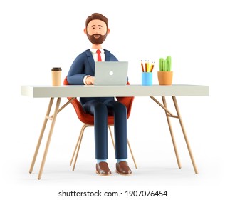3D illustration of happy cute man working at the desk in modern office. Cartoon smiling bearded businessman or freelancer using laptop, isolated on white background. Workplace concept.