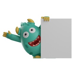 3D Illustration. Happy 3D Cute Monster Cartoon Design. Monster Cartoon Hiding Behind A White Board. Monster Cartoon Smiling And Waving. 3D Cartoon Character